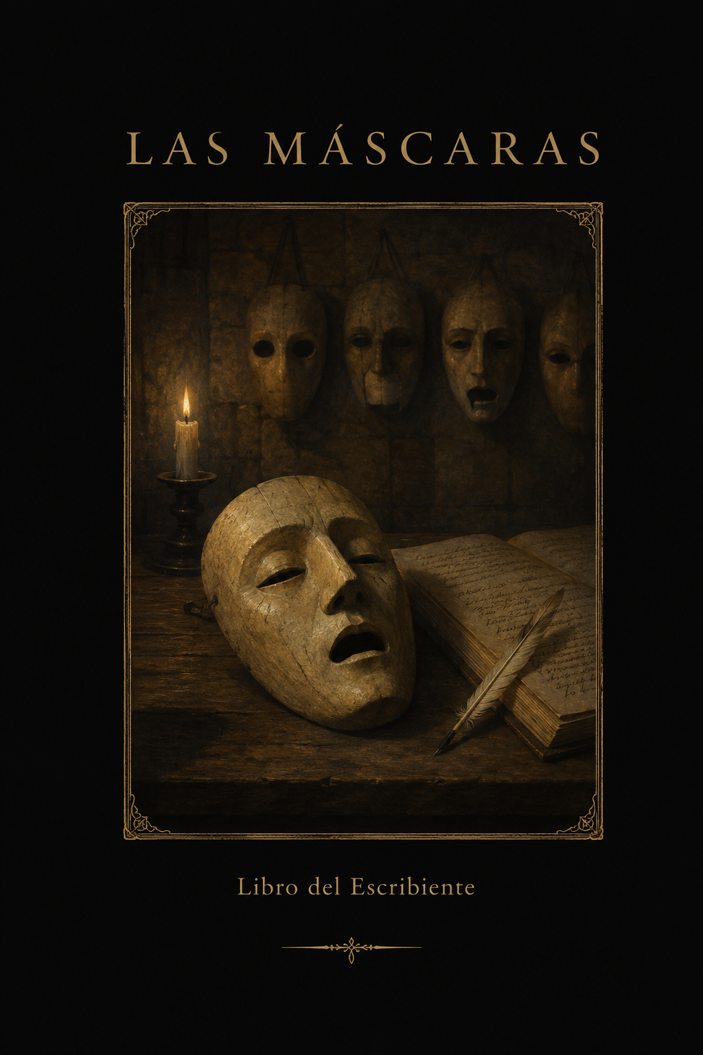 Portada de Las Máscaras — una máscara de madera con los ojos cerrados y la boca abierta sobre una mesa, junto a un libro abierto